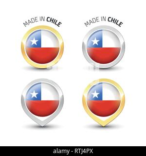 Made in Chile - Guarantee label with the Chilean flag inside round gold and silver icons. Stock Vector