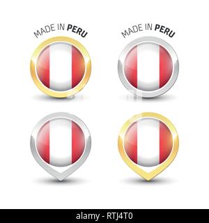 Made in Peru - Guarantee label with the Peruvian flag inside round gold and silver icons. Stock Vector