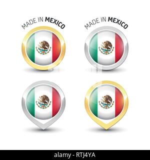 Made in Mexico - Guarantee label with the Mexican flag inside round gold and silver icons. Stock Vector