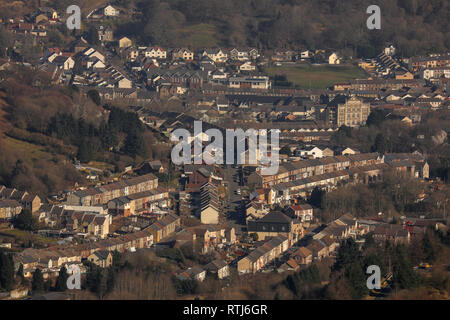 Views of valleys town Treorchy and Cwm Parc taken from the Bwlch in the Rhondda Valley, Wales, UK. Stock Photo