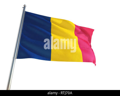 Chad National Flag waving in the wind, isolated white background. High Definition Stock Photo