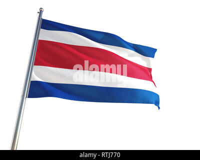Costa Rica National Flag waving in the wind, isolated white background. High Definition Stock Photo