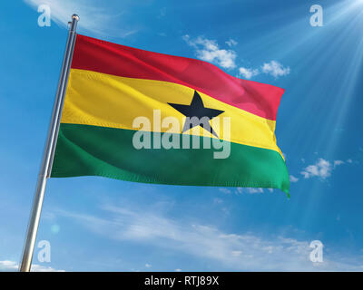 Ghana National Flag Waving on pole against sunny blue sky background. High Definition Stock Photo