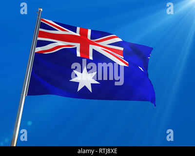 Heard Island and Mcdonald Islands National Flag Waving on pole against deep blue sky background. High Definition Stock Photo