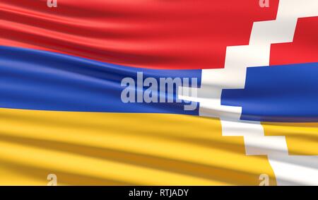 Flag of Artsakh. Waved highly detailed fabric texture. 3D illustration. Stock Photo