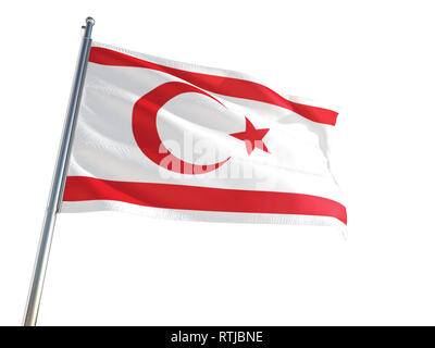 Northern Cyprus National Flag waving in the wind, isolated white background. High Definition Stock Photo