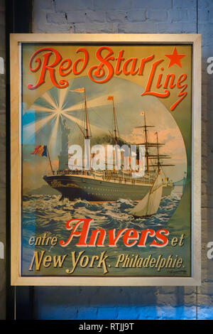 Vintage poster of the Red Star Line showing the passenger ship sailing under Belgian flag between Antwerp, Belgium and New York, USA Stock Photo