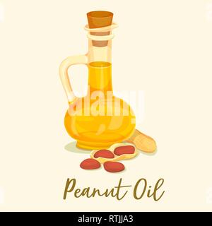 Groundnut or peanut oil in bottle or jar near nut Stock Vector