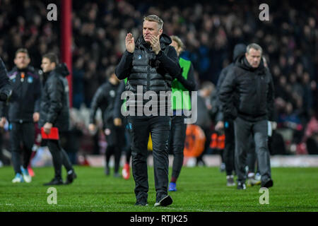 13th February 2019, Griffin Park, London, England; Sky Bet Championship, Brentford vs Aston Villa ; Dean Smith manager of Aston Villa  Credit: Phil Westlake/News Images,  English Football League images are subject to DataCo Licence Stock Photo