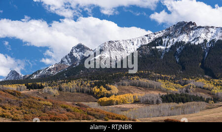 The Sneffels Mountain Range in early Autumn viewed from the Last Dollar Road along the Dallas Divide, Colorado. Stock Photo