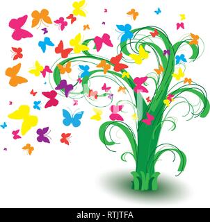 Spring tree with butterflies and curls turned to the left isolated on white, vector illustration Stock Vector