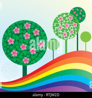 Spring or summer background with meadow, trees and rainbow, vector illustration Stock Vector