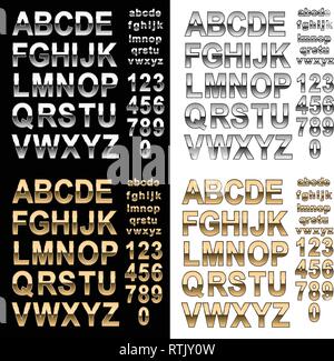 Chrome and Gold effect alphabet font with letters and numbers, bold style text vector illustration Stock Vector