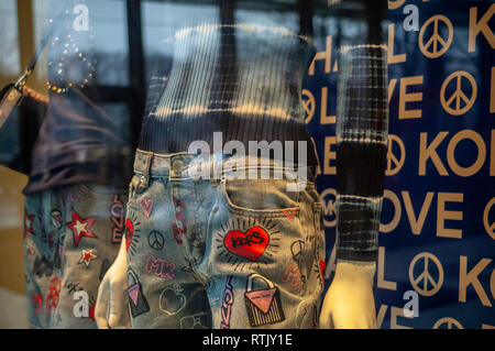 Severely embellished jeans in a Michael Kors store in New York on Sunday, February 24, 2019.  (© Richard B. Levine) Stock Photo