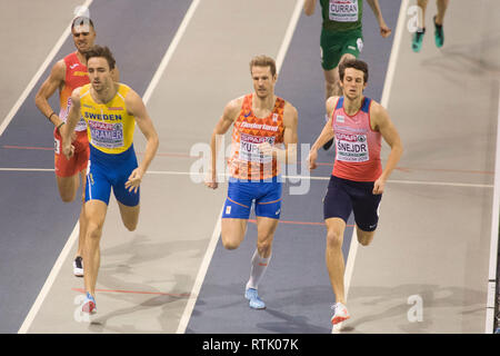 Glasgow, Scotland, UK. 01st Mar, 2019. Glasgow, Scotland - March 1: during round 1 of the Mens 800m on day 1 of the European Indoor Athletics Championships at the Emirates Arena in Glasgow, Scotland. ( Credit: Scottish Borders Media/Alamy Live News Stock Photo