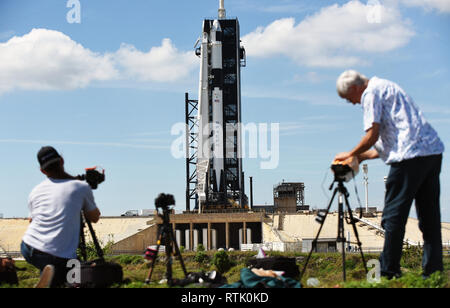 Kennedy Space Center, Florida, USA. 01st Mar, 2019. A SpaceX Falcon 9 rocket carrying the unmanned Crew Dragon capsule sits ready for launch on March 1, 2019 at Pad 39A at the Kennedy Space Center in Florida. The rocket is set to lift off on its first flight, Demo-1, on March 2 at 2:49 a.m.EST. Credit: Paul Hennessy/Alamy Live News Stock Photo