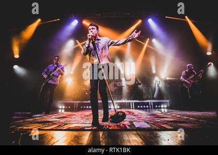Venaria, Italy. 1st Mar 2019. The Italian singer Irama, stage name of Filippo Maria Fanti, performing live on stage for his first 'Giovani per Sempre' (Forever Young) tour concert in Venaria, at the Teatro della Concordia, in front a sold out venue. Credit: Alessandro Bosio/Alamy Live News Stock Photo