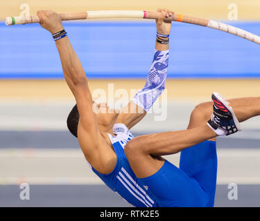 Glasgow, UK. 01st Mar, 2019. in Men's Paul Vault Qualify during European Athletics Indoor Championships Glasgow 2019 at Emirates Arena on Friday, 01 March 2019. GLASGOW SCOTLAND. (Editorial use only, license required for commercial use. No use in betting, games or a single club/league/player publications.) Credit: Taka G Wu/Alamy News Credit: Taka Wu/Alamy Live News Stock Photo