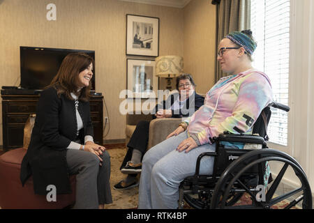Second Lady Karen Pence visits with patients Wednesday, Feb. 27, 2019, at Fisher House in Bethesda, Md. Fisher House is a foundation dedicated to supporting service members, veterans, and their families during a medical crisis.  People:  Second Lady Karen Pence Stock Photo
