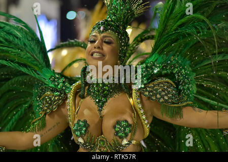 Rio De Janeiro, Brazil. 2nd March 2019. Member of the United Samba School  of the Bridge during a Carnival 2019 Serie A parade at the Sapucaí  Sambadrome in the city of Rio