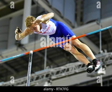 Glasgow, UK. 01st Mar, 2019. Athletics, European Indoor Championships, pole vault, men, qualification, in the Emirates Arena: Sondre Guttormsen, Norway. Credit: Soeren Stache/dpa/Alamy Live News Stock Photo