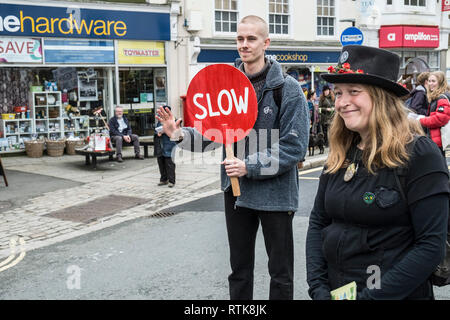 Truro, Cornwall, UK. 2nd Mar, 2019. A protest by Extinction Rebellion in Truro City slows down traffic as members gather to hear speeches concerning the ecological crisis the world now faces. Credit: Gordon Scammell/Alamy Live News Stock Photo