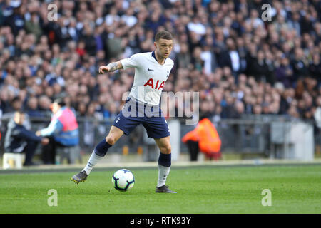London, UK. 02nd Mar, 2019.Kieran Trippier of Tottenham Hotspur with the ball during the Premier League match between Tottenham Hotspur and Arsenal at Wembley Stadium on March 2nd 2019 in London, England. (Photo by Mick Kearns/phcimages.com) Stock Photo