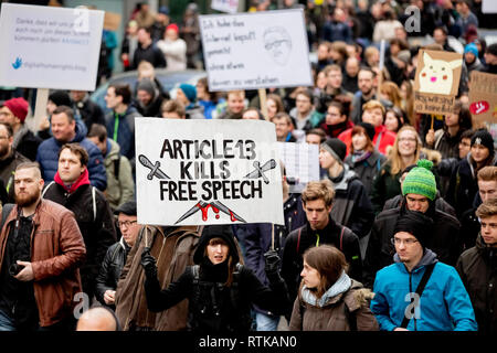 Berlin, Germany. 02nd Mar, 2019. Demonstrators march in Berlin against EU copyright reform. Credit: Christoph Soeder/dpa/Alamy Live News