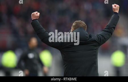 02 March 2019, Bavaria, Nürnberg: Soccer: Bundesliga, 1st FC Nuremberg - RB Leipzig, 24th matchday in Max Morlock Stadium. The trainer Ralf Rangnick of RB Leipzig celebrates the victory of his team. Photo: Daniel Karmann/dpa - IMPORTANT NOTE: In accordance with the requirements of the DFL Deutsche Fußball Liga or the DFB Deutscher Fußball-Bund, it is prohibited to use or have used photographs taken in the stadium and/or the match in the form of sequence images and/or video-like photo sequences. Stock Photo