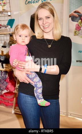 London, UK. 2nd March 2019. Kirsty McCabe with her daughter Ava,The Baby Show,Excel,London.UK Credit: michael melia/Alamy Live News Stock Photo