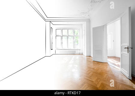 drawing and photo of empty apartment room merged - interior design concept Stock Photo