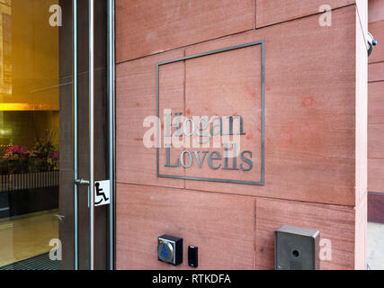 Name plate of international law firm Hogan Lovells in at their London headquarters offices at Atlantic House, Holborn Viaduct, London EC1 Stock Photo