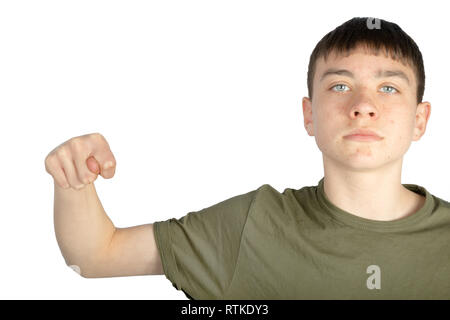 Caucasian teenage boy doing American Sign Language on one hand showing the symbol for N Stock Photo