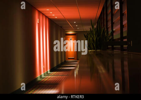 Illuminated hallway and hotel room door in the inner courtyard of the Sofitel hotel, Budapest, Hungary, Eastern Europe Stock Photo