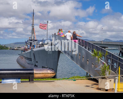 USS Bowfin submarine in Pearl Harbor museum on August 5, 2016 in Oahu. Attack on Pearl Harbor by Empire of Japan in 1941 brought United States into Wo Stock Photo