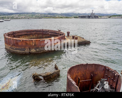 The USS Arizona Memorial on August 5, 2016 in Pearl Harbor, USA. Memorial marks resting place of sailors and Marines who died when the USS Arizona was Stock Photo