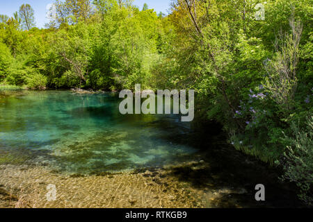 Krupajsko Vrelo beautiful thermal water spring in Serbia near Zagubica, with watefals, unbelievable ecological oasis with caves,  Krupaj Springs Stock Photo