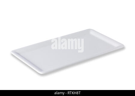 Empty white cornered plate isolated on white background, front view, oblique position, clipping path included Stock Photo