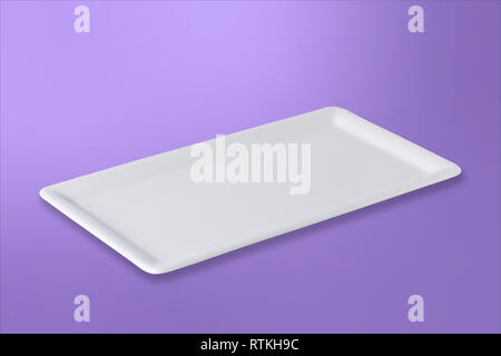 Empty white cornered plate on gradient purple background, front view, oblique position Stock Photo
