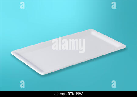 Empty white cornered plate on gradient turquoise background, front view, oblique position Stock Photo