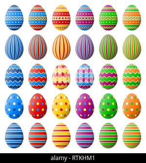 Happy Easter. Collection of Easter eggs with different pattern isolated on a white background. Stock Vector
