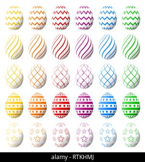 Set of white Easter eggs with various colorful patterns. High quality vector. Stock Vector