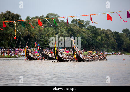 decorated boats also called palliyodam and rowers from Aranmula Boat Race,the oldest river boat fiesta in Kerala,Aranmula,snake boat race,india Stock Photo