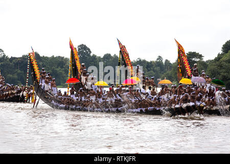 decorated boats also called palliyodam and rowers from Aranmula Boat Race,the oldest river boat fiesta in Kerala,Aranmula,snake boat race,india Stock Photo