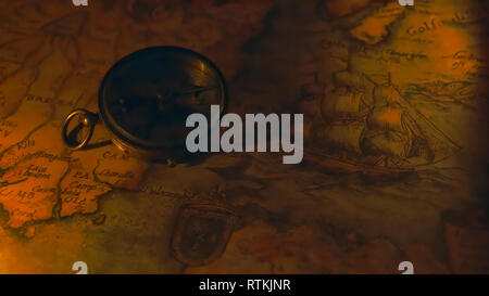 The compass and the map on a night vision. It has black background showing the shadow of the compass on the map Stock Photo