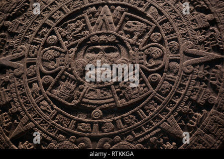 The Aztec sun stone (Spanish: Piedra del Sol) is a late post-classic Mexica sculpture housed in the National Anthropology Museum in Mexico City. Stock Photo