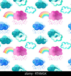 Cute watercolor clouds with rain and rainbows. Seamless pattern with watercolor objects isolated on white background for your design: textile, fabric, Stock Photo