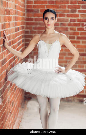 graceful good looking ballerina dressed in stylish tutu standing over red background, close up photo Stock Photo