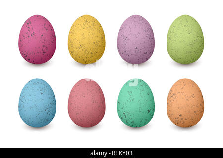 Happy Easter colored eggs. Shabby structure Set of red, green, blue, pink, purple, yellow, brown Stock Photo
