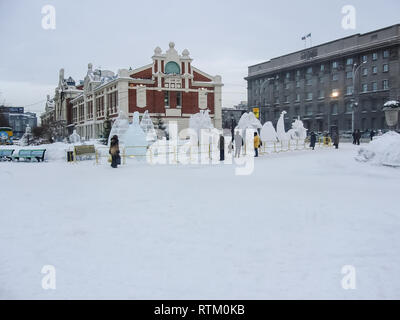 Moscow, Russia - January 20, 2016: Snow sculptures in Gorky Park in Moscow, snow statues of the skill of sculptors from snow. Stock Photo